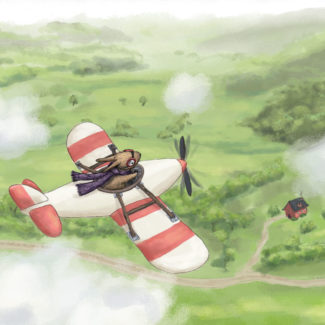 Bunny flying airplane illustration