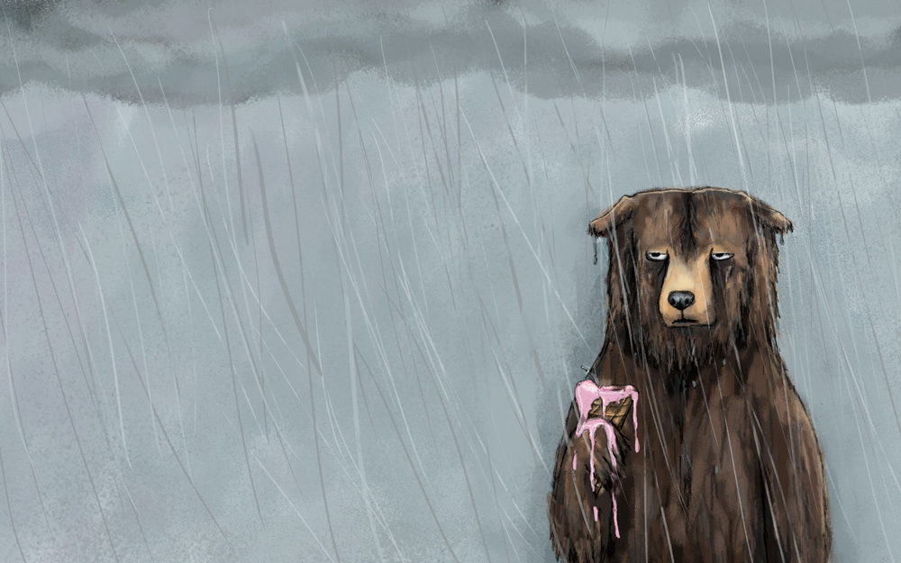 Bear eating ice cream in the rain illustration by Abi Cushman