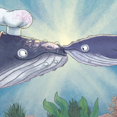 Mama and baby whale kissing